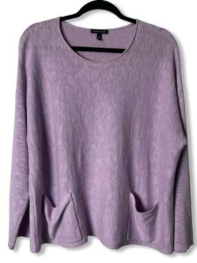 Eileen Fisher Women Organic Linen Cotton Boxy Sweater Pockets Lavender Sz. L
